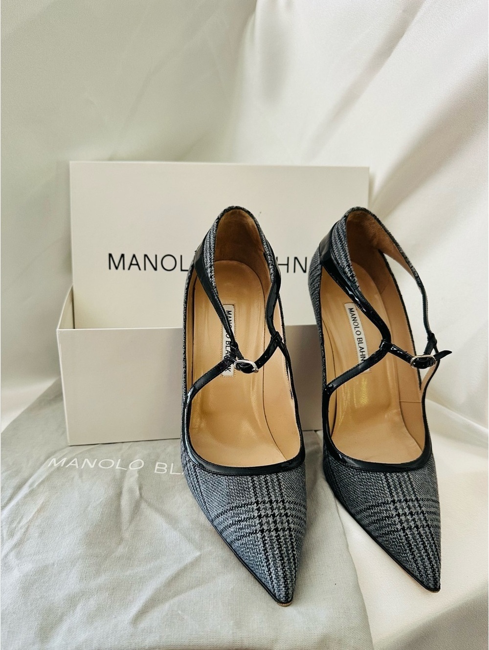 Manolo Blahnik “Mistery” Plaid T-Strap Pointed Toe Pumps